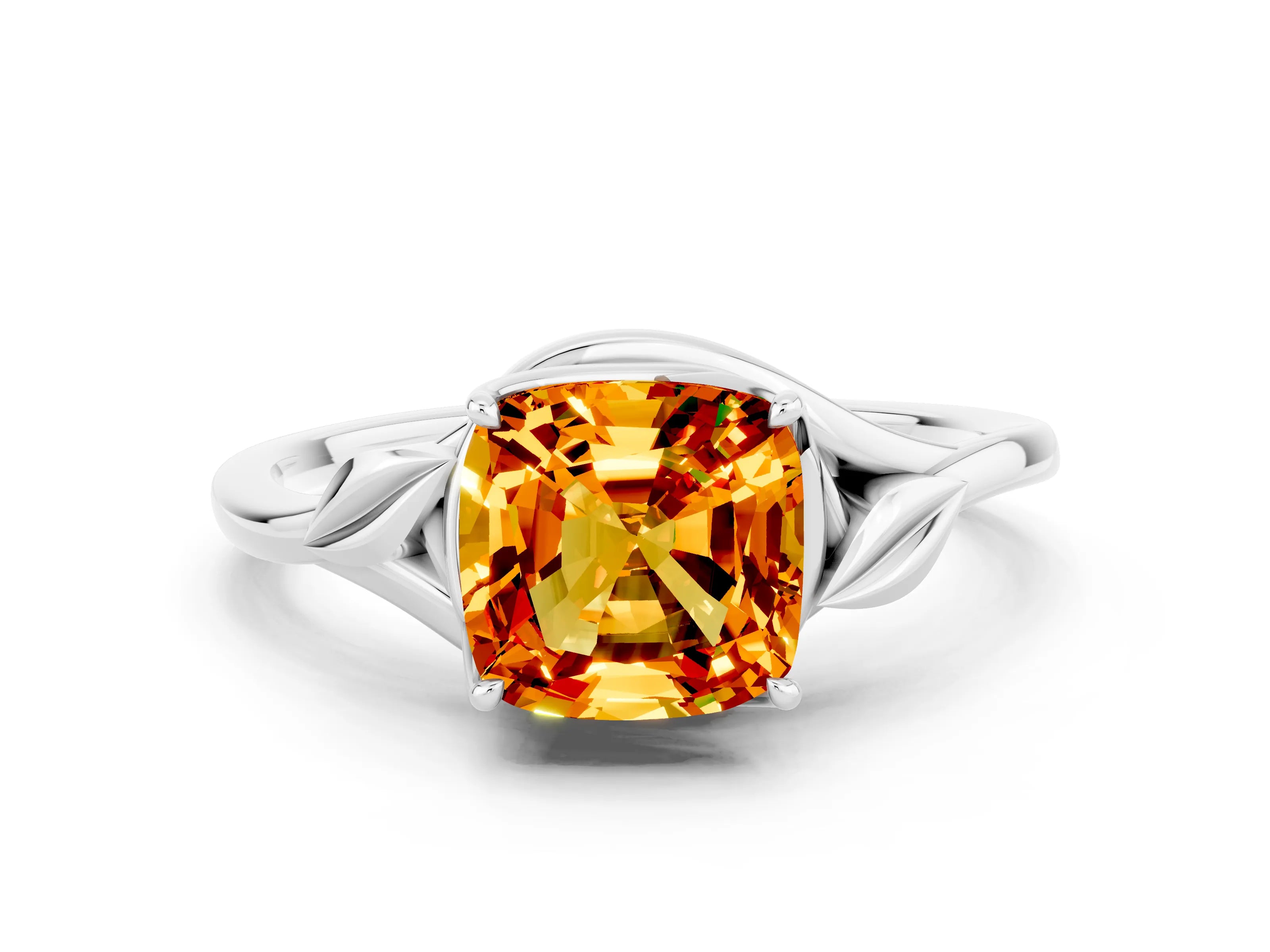 White gold Cushion Cut Citrine Solitaire Ring with Twist Band and Four-Prong Setting_24