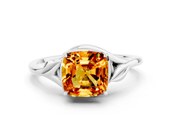 Silver Cushion Cut Citrine Solitaire Ring with Twist Band and Four-Prong Setting
