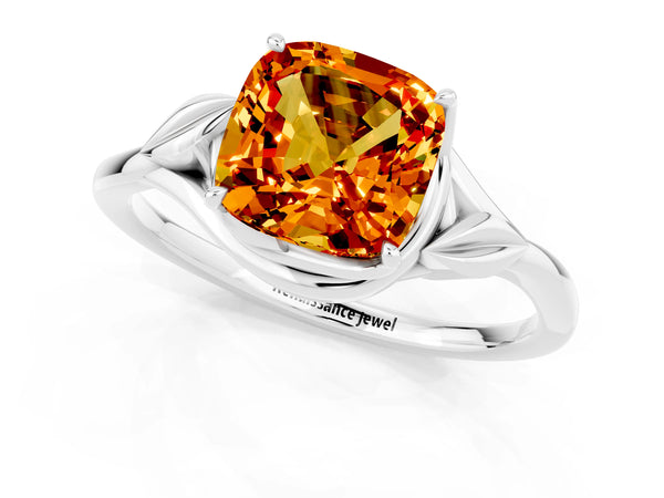 Platinum Cushion Cut Citrine Solitaire Ring with Twist Band and Four-Prong Setting