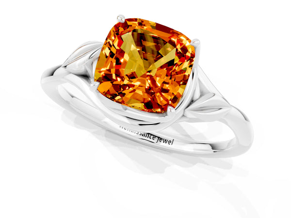 White gold Cushion Cut Citrine Solitaire Ring with Twist Band and Four-Prong Setting