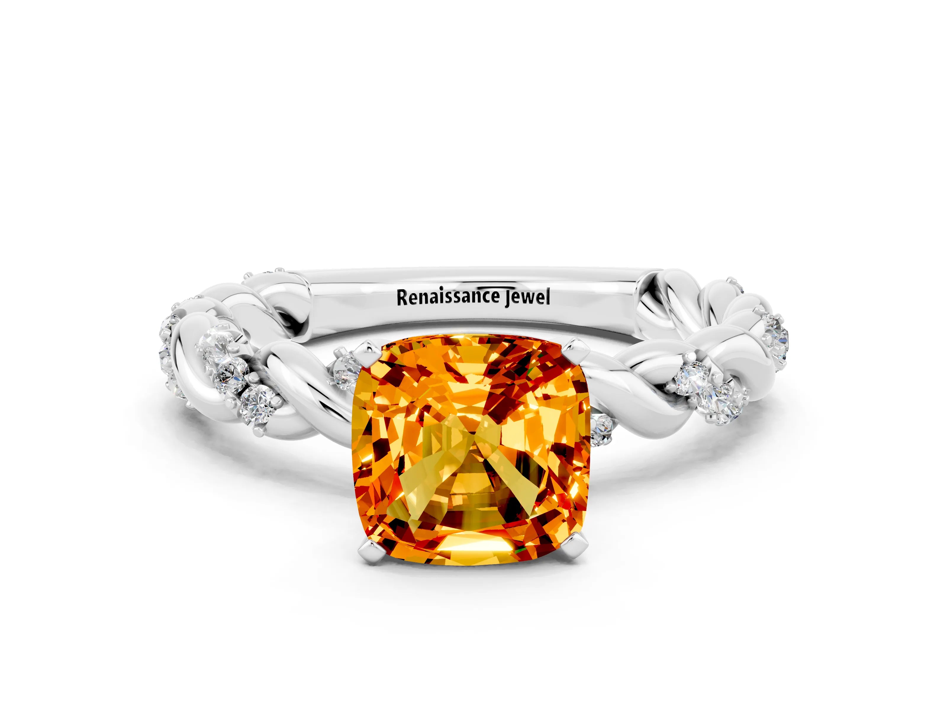 White gold Cushion Cut Citrine Solitaire Ring with Twisted Band and Pavé Accents