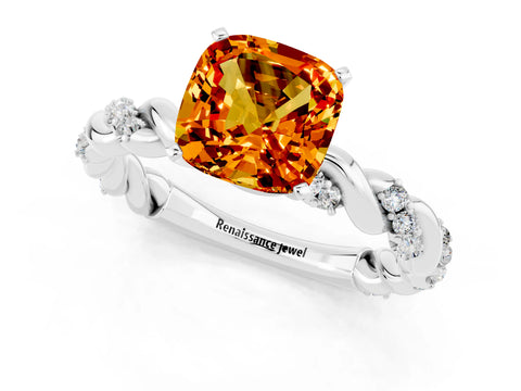 White gold Cushion Cut Citrine Solitaire Ring with Twisted Band and Pavé Accents_1