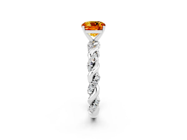Platinum Cushion Cut Citrine Solitaire Ring with Twisted Band and Pavé Accents