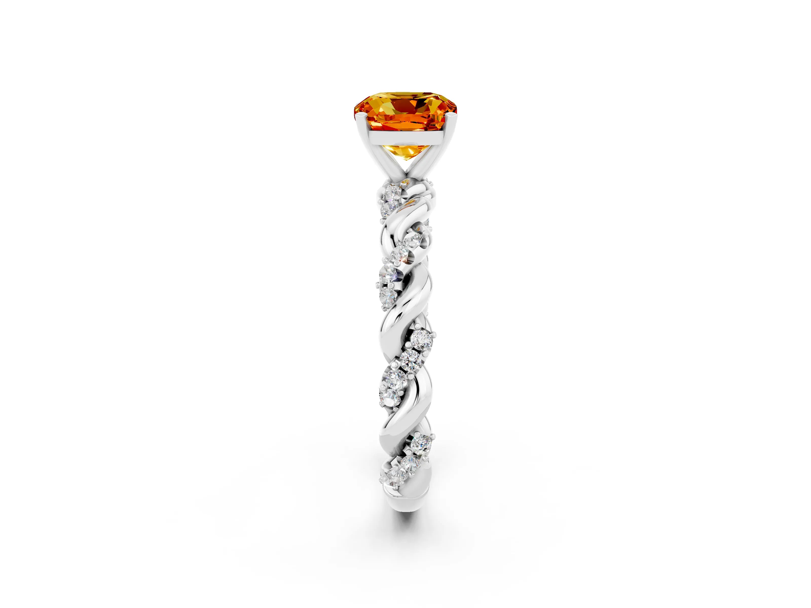 White gold Cushion Cut Citrine Solitaire Ring with Twisted Band and Pavé Accents_2