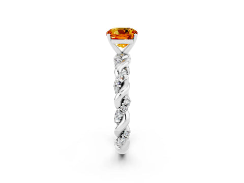 White gold Cushion Cut Citrine Solitaire Ring with Twisted Band and Pavé Accents_2