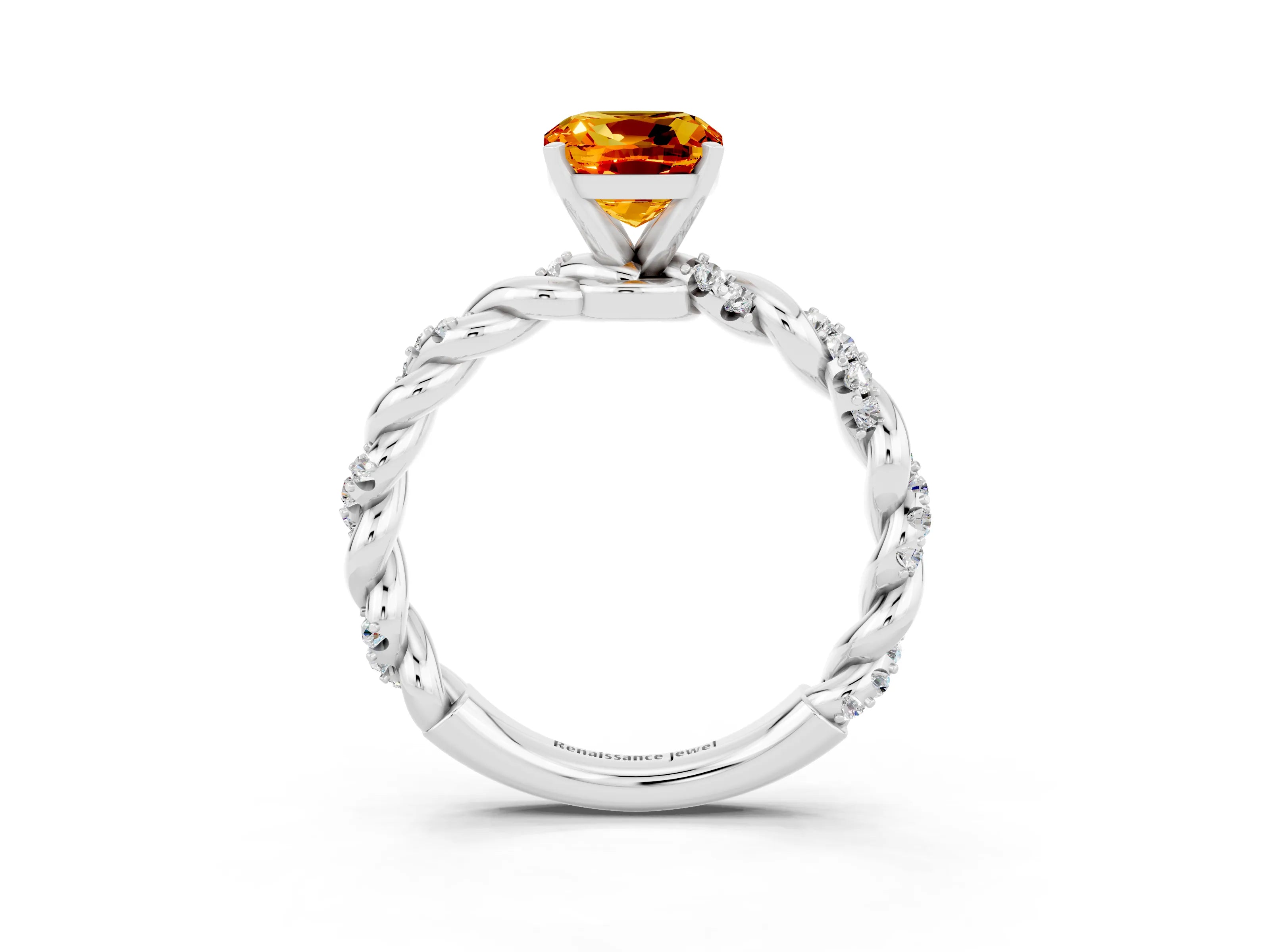 White gold Cushion Cut Citrine Solitaire Ring with Twisted Band and Pavé Accents_3