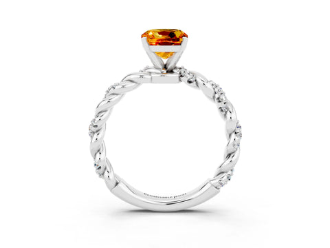 White gold Cushion Cut Citrine Solitaire Ring with Twisted Band and Pavé Accents_3