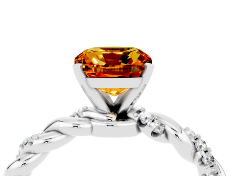White gold Cushion Cut Citrine Solitaire Ring with Twisted Band and Pavé Accents_4