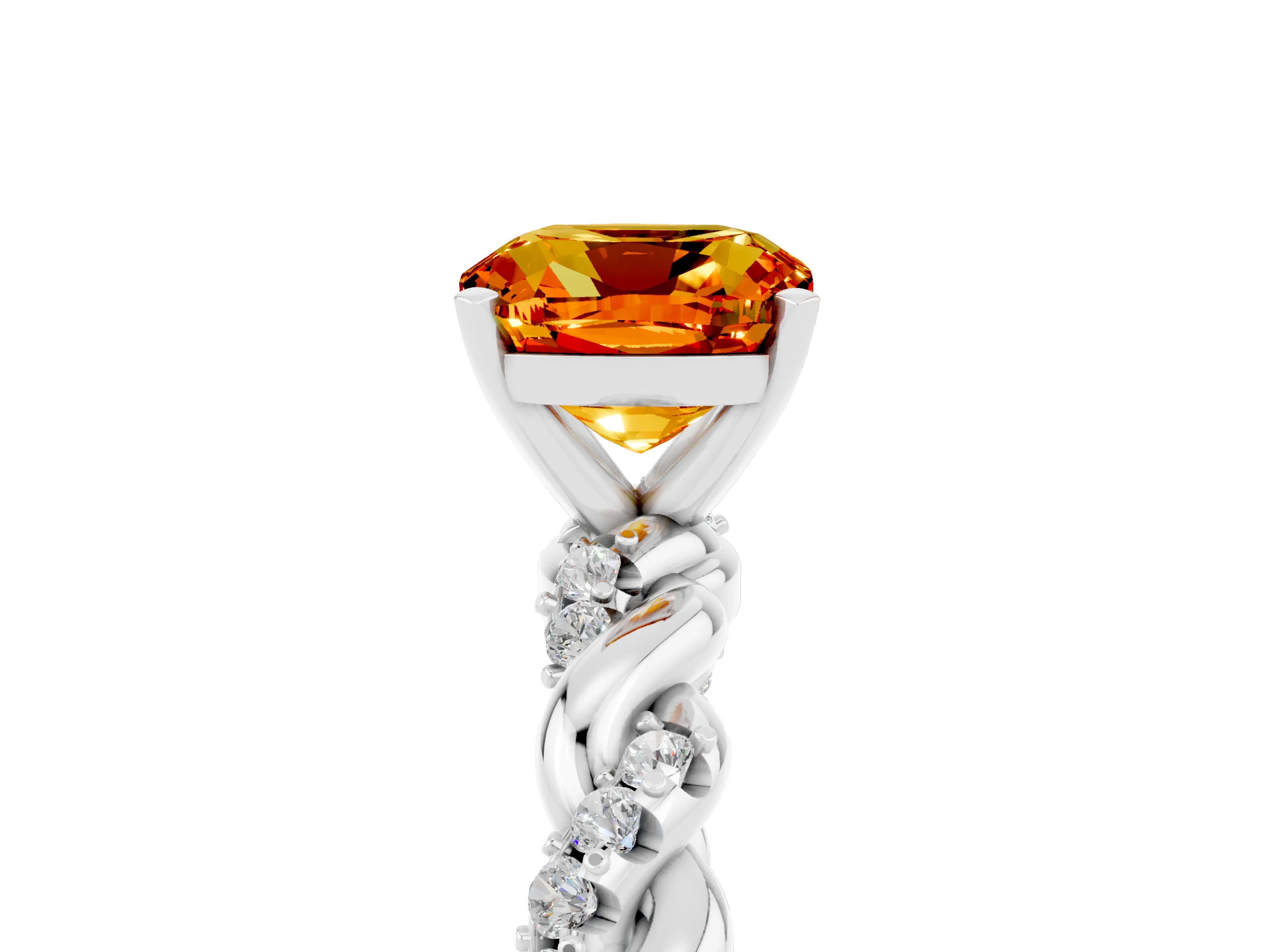 White gold Cushion Cut Citrine Solitaire Ring with Twisted Band and Pavé Accents_5