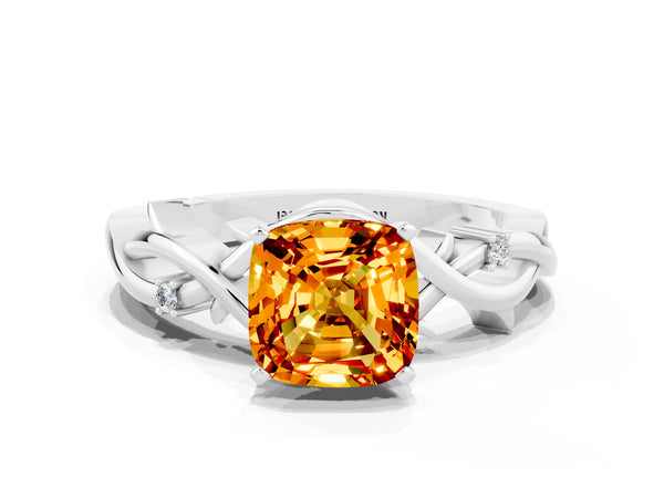 Platinum Cushion Cut Citrine Solitaire Ring with Twisted Band and Prong Setting