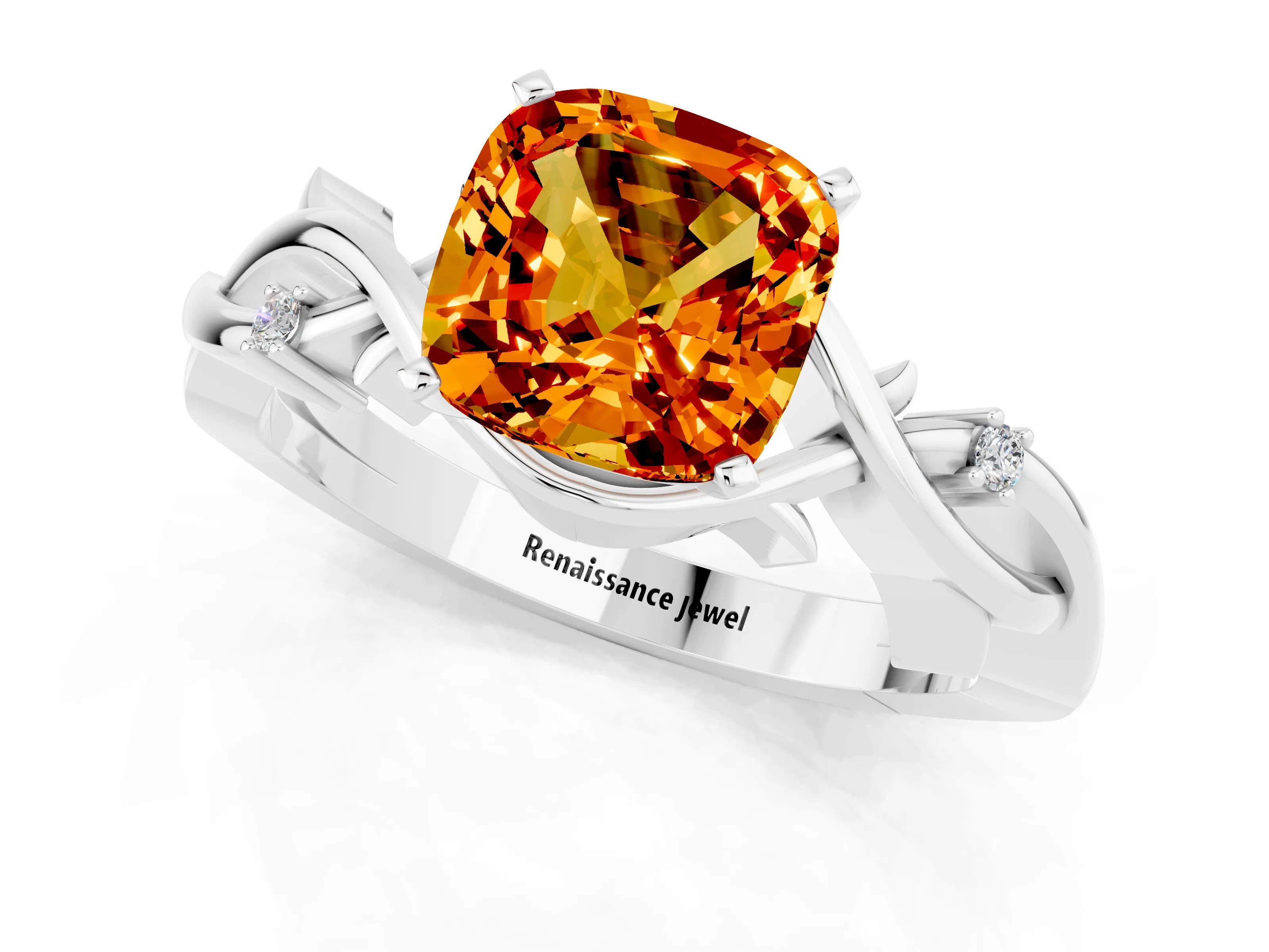 White gold Cushion Cut Citrine Solitaire Ring with Twisted Band and Prong Setting_1