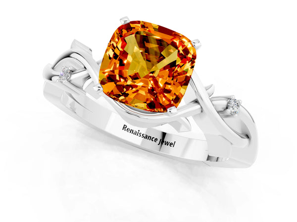 Platinum Cushion Cut Citrine Solitaire Ring with Twisted Band and Prong Setting
