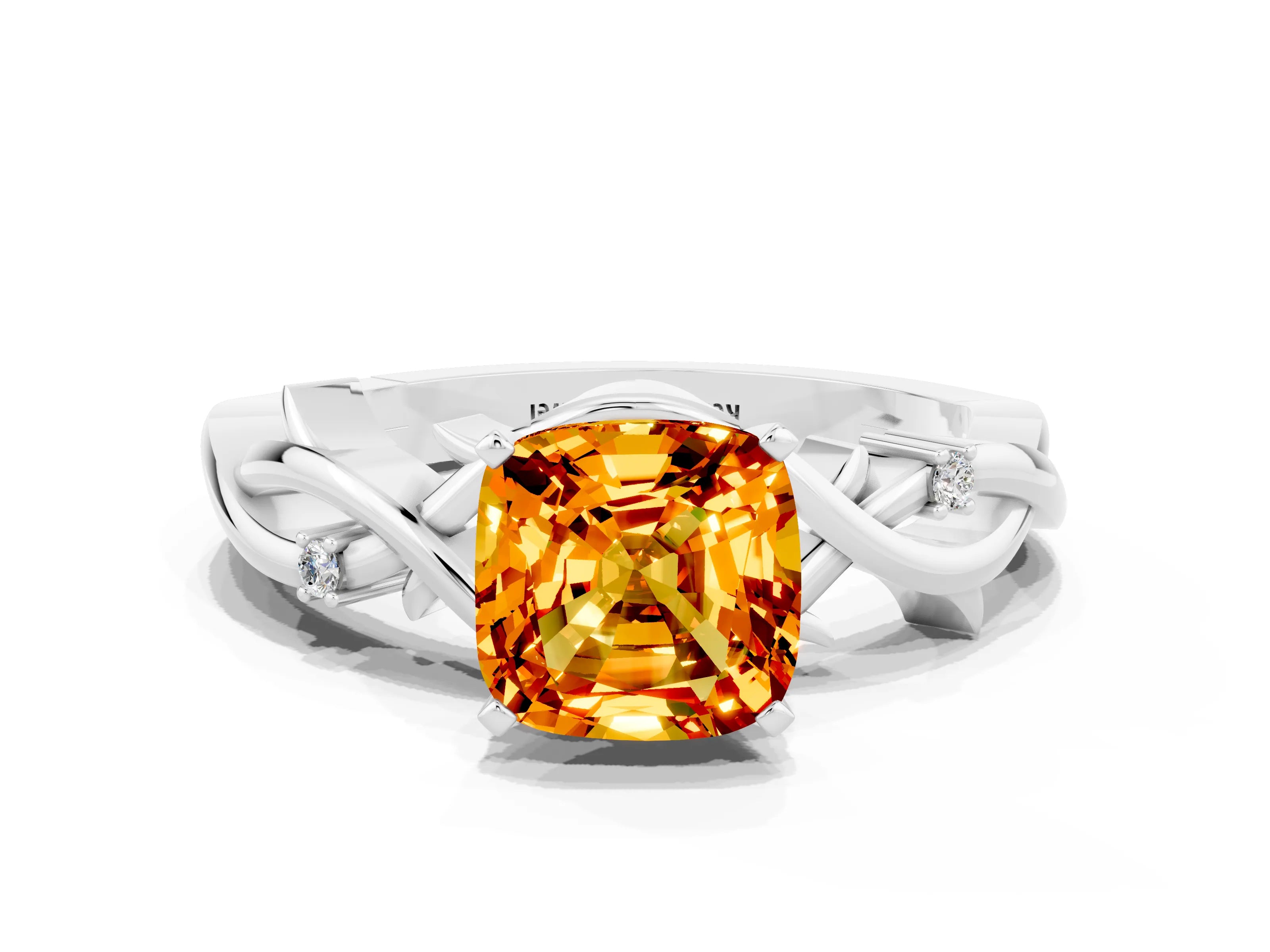 White gold Cushion Cut Citrine Solitaire Ring with Twisted Band and Prong Setting_12