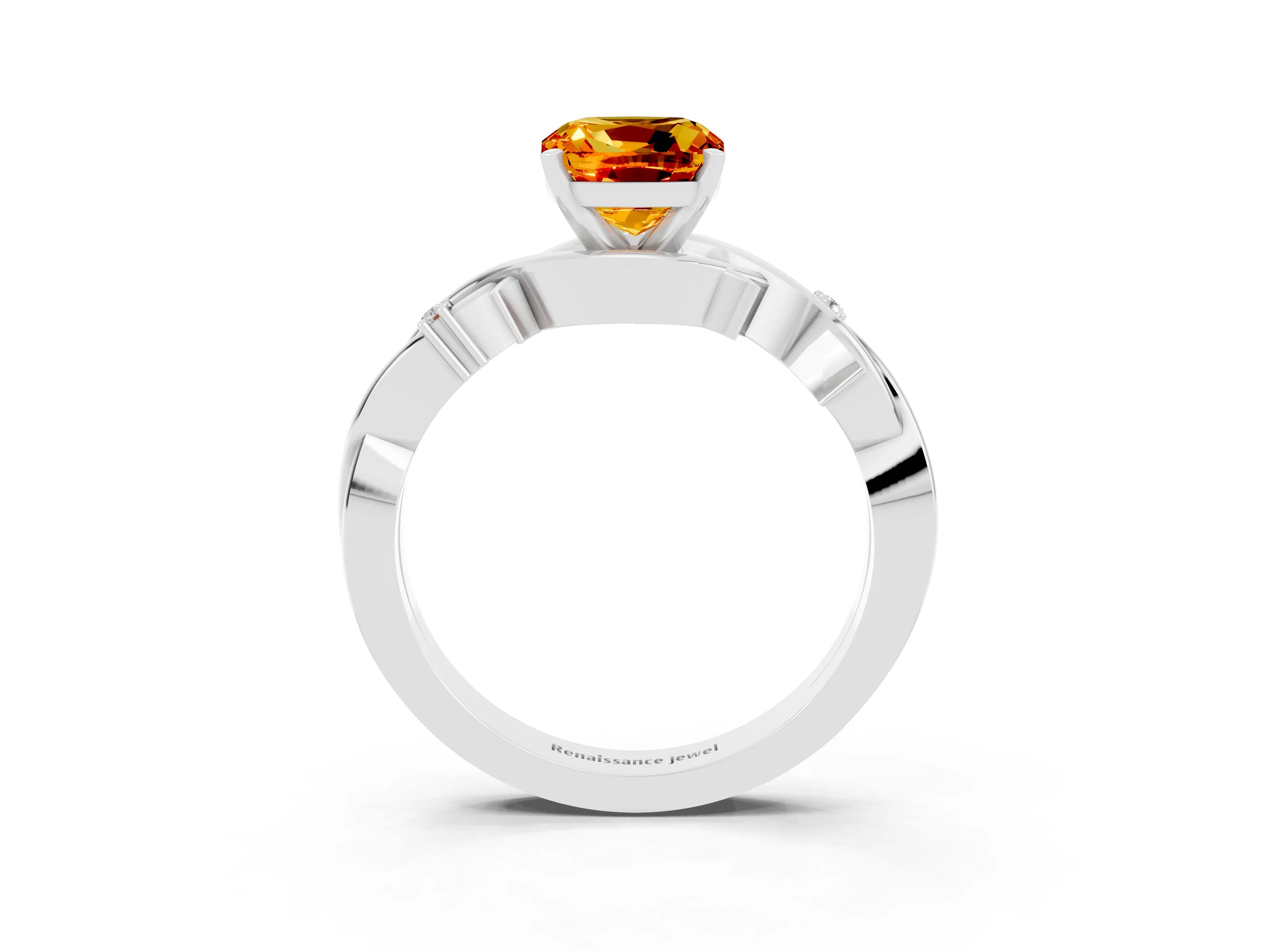 White gold Cushion Cut Citrine Solitaire Ring with Twisted Band and Prong Setting_15