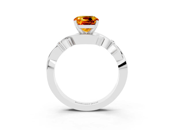 Platinum Cushion Cut Citrine Solitaire Ring with Twisted Band and Prong Setting