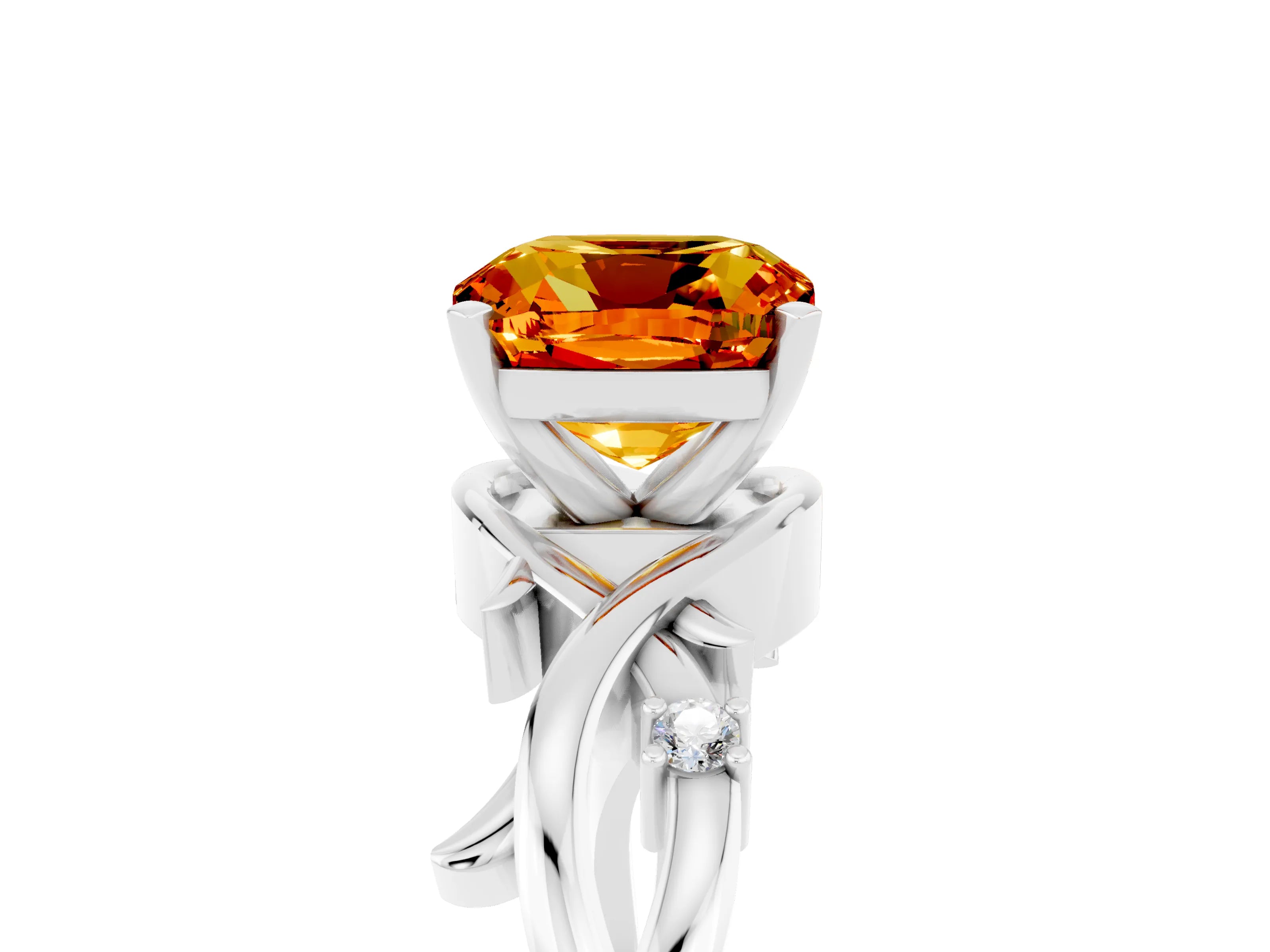 White gold Cushion Cut Citrine Solitaire Ring with Twisted Band and Prong Setting_5