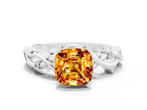 White gold Cushion Cut Citrine Solitaire Ring with Twisted Band and Prong Setting
