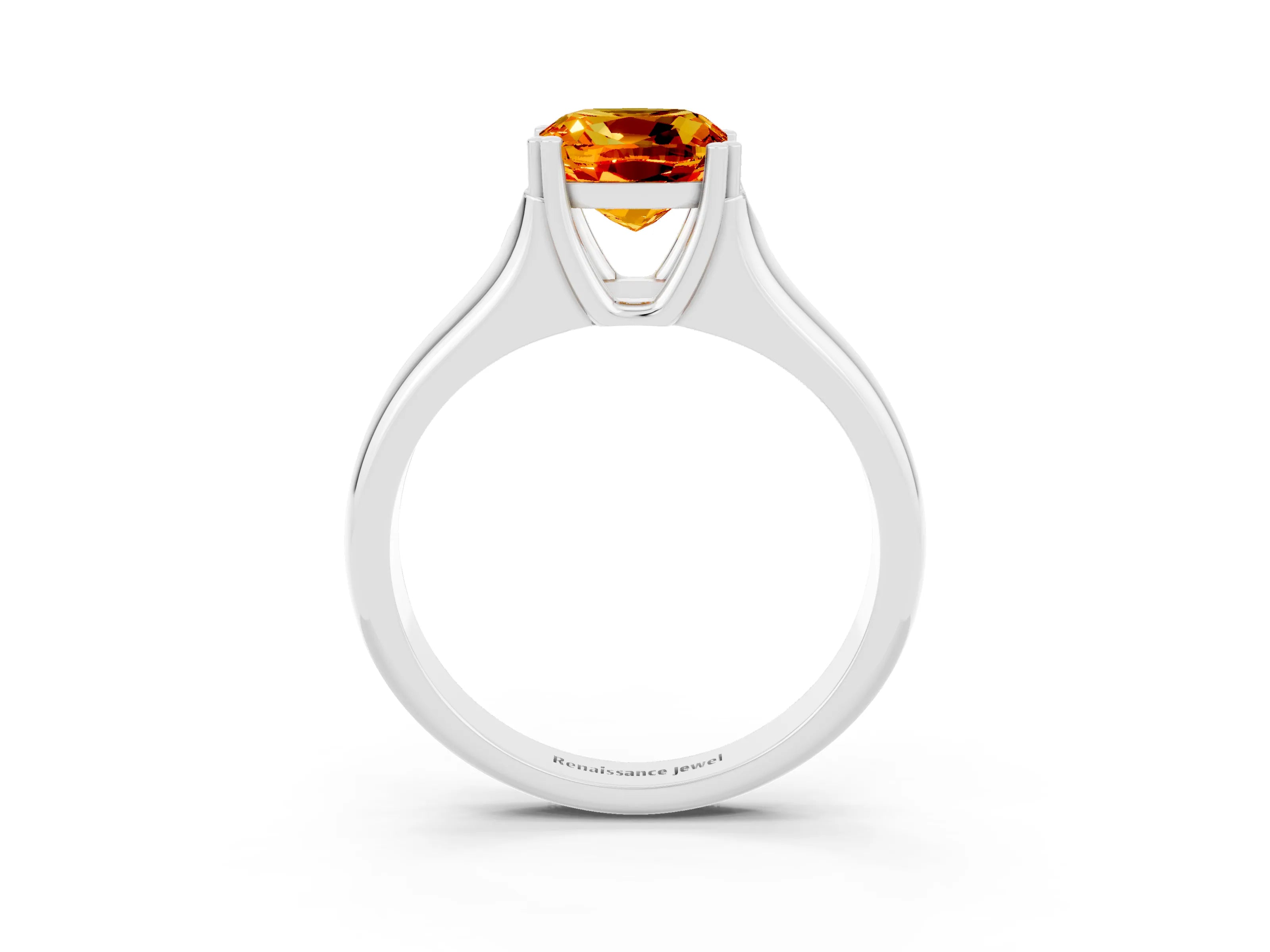 White gold Cushion Cut Citrine Solitaire Ring with Wide Band and Prong Setting_3
