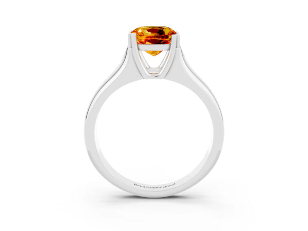 White gold Cushion Cut Citrine Solitaire Ring with Wide Band and Prong Setting