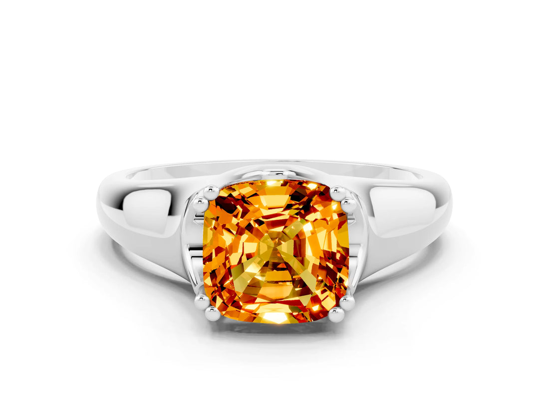 White gold Cushion Cut Citrine Solitaire Ring with Wide Band and Prong Setting