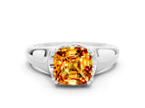 White gold Cushion Cut Citrine Solitaire Ring with Wide Band and Prong Setting