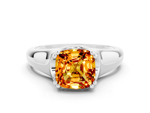 Silver Cushion Cut Citrine Solitaire Ring with Wide Band and Prong Setting