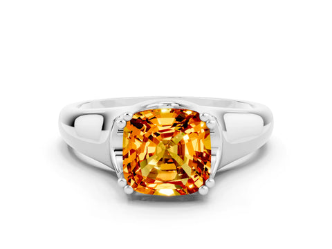 White gold Cushion Cut Citrine Solitaire Ring with Wide Band and Prong Setting