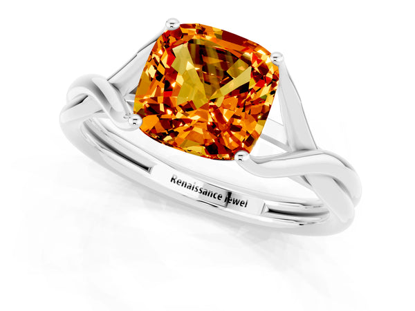 White gold Cushion Cut Citrine Solitaire Twist Band Prong Setting Ring