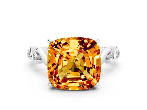 Platinum Cushion Cut Citrine Solitaire Twisted Band with Round  Accents and Prong Setting