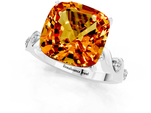 White gold Cushion Cut Citrine Solitaire Twisted Band with Round  Accents and Prong Setting