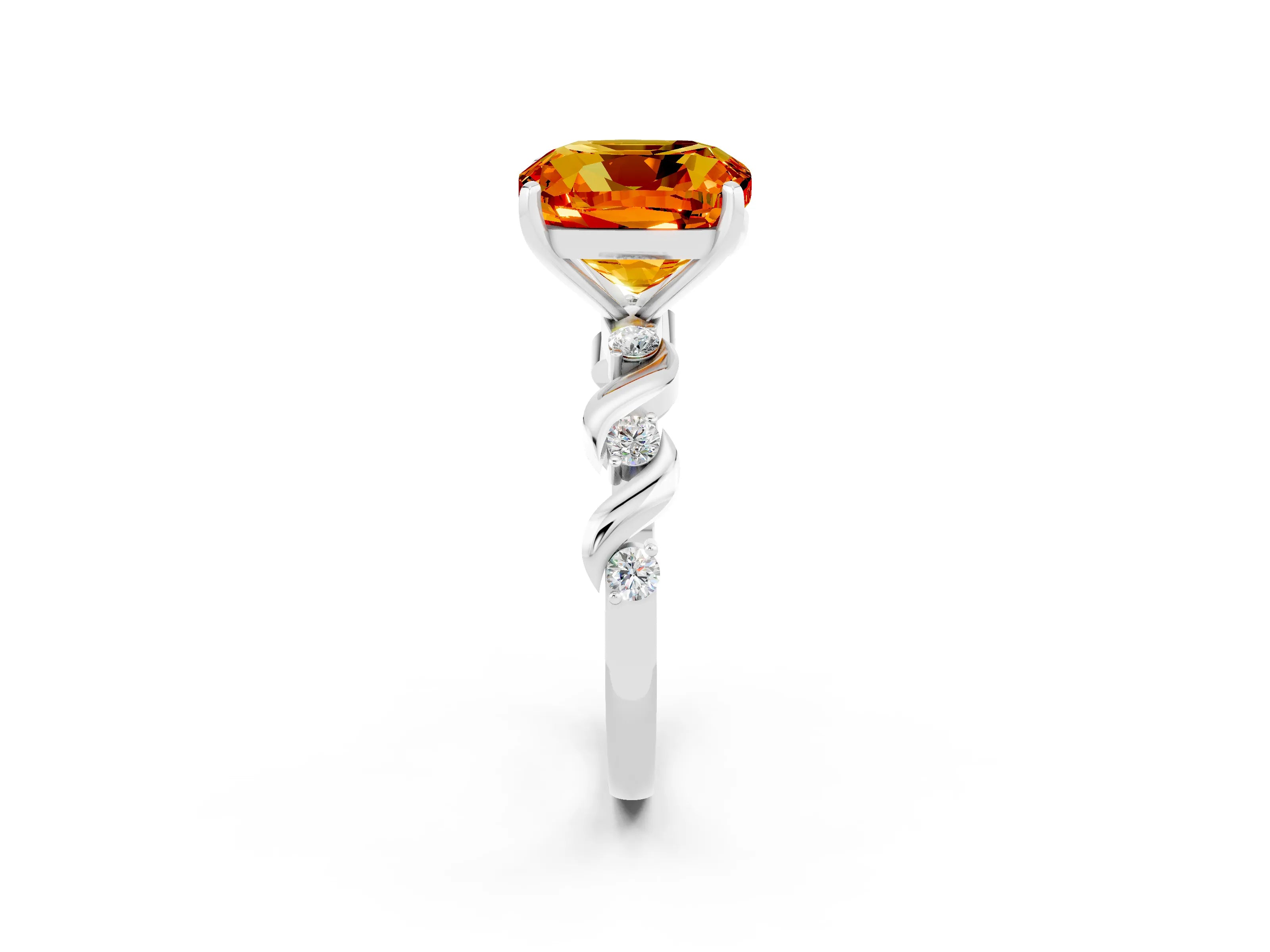 White gold Cushion Cut Citrine Solitaire Twisted Band with Round  Accents and Prong Setting_14