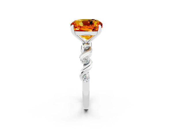 Silver Cushion Cut Citrine Solitaire Twisted Band with Round  Accents and Prong Setting