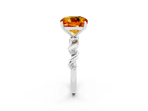 White gold Cushion Cut Citrine Solitaire Twisted Band with Round  Accents and Prong Setting_14