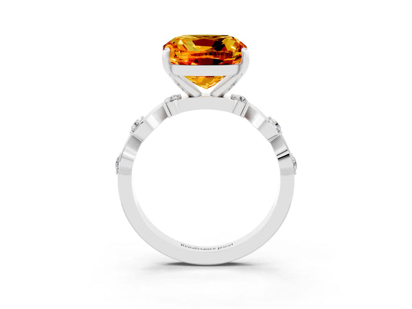 Silver Cushion Cut Citrine Solitaire Twisted Band with Round  Accents and Prong Setting