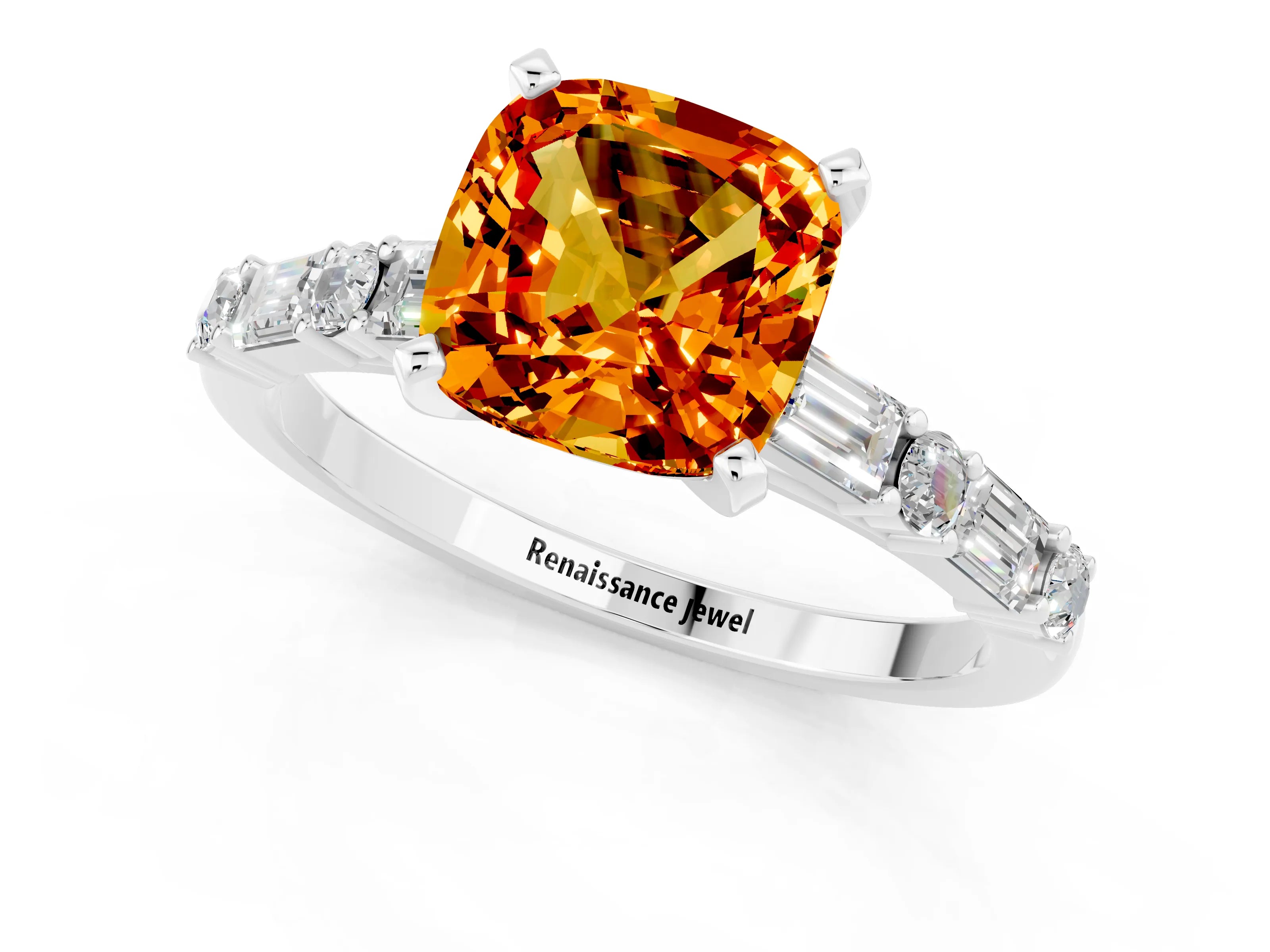 White gold Cushion Cut Citrine Solitaire with Side Baguettes and Channel Set Band_1
