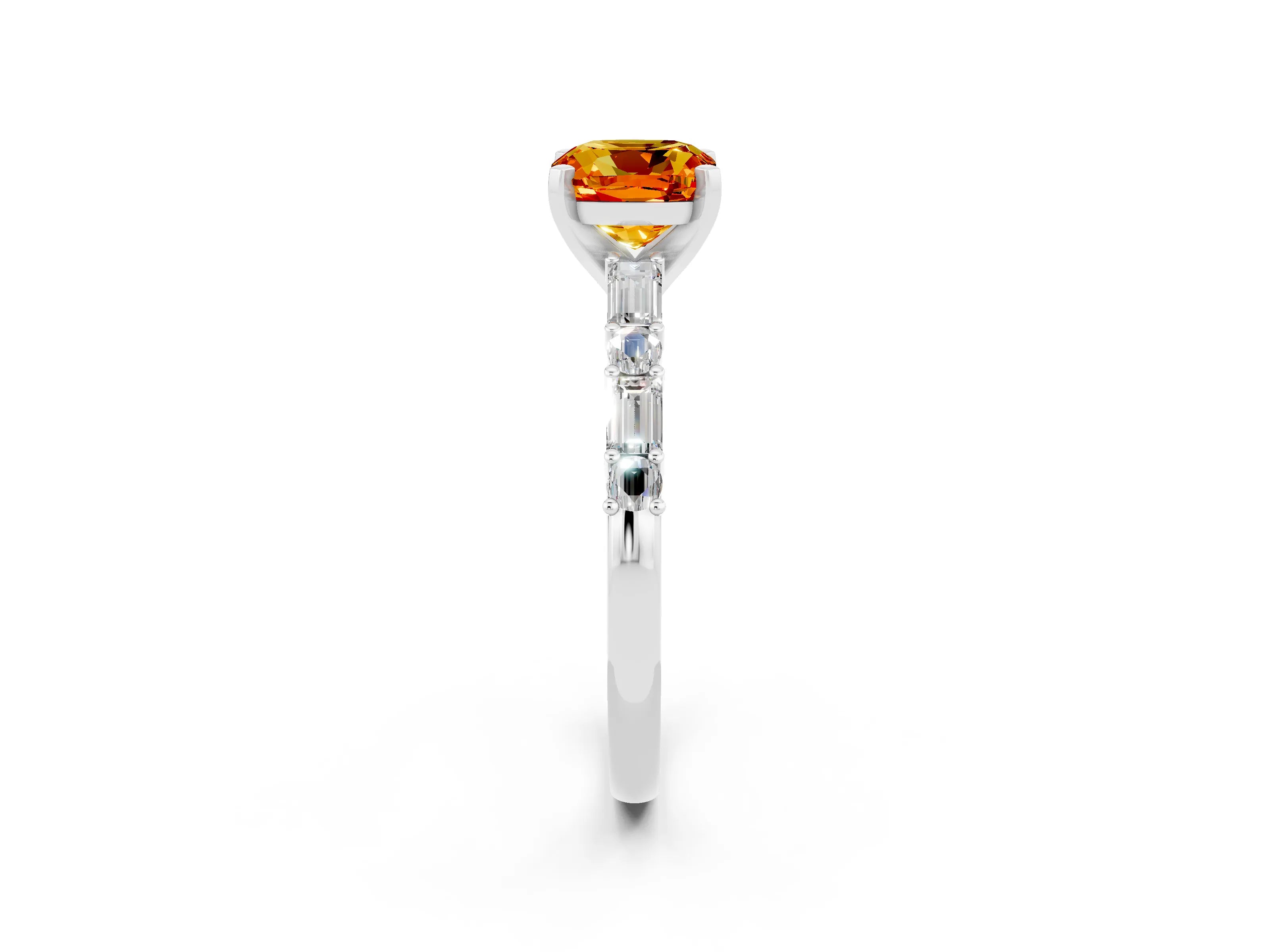 White gold Cushion Cut Citrine Solitaire with Side Baguettes and Channel Set Band_2