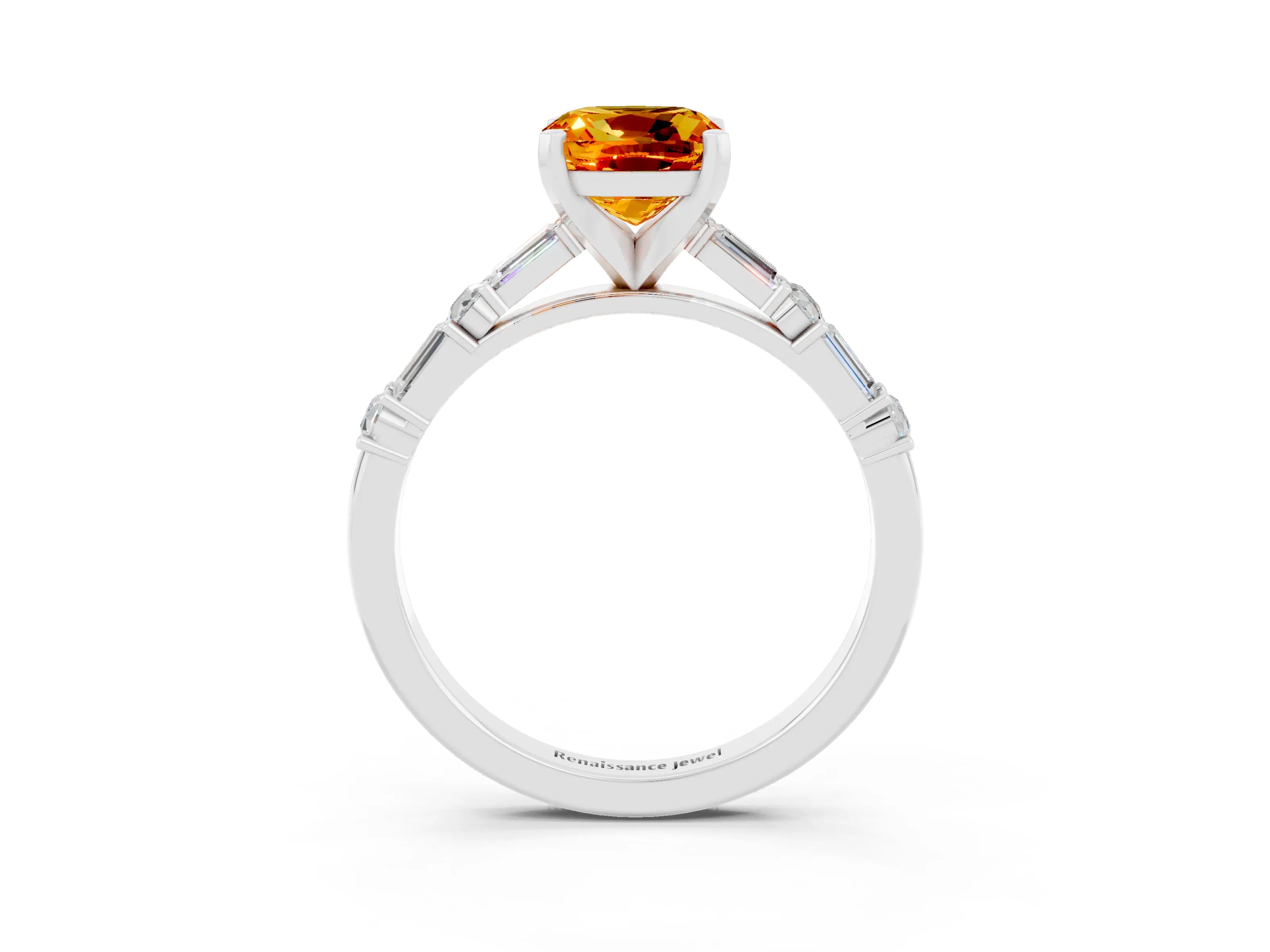 White gold Cushion Cut Citrine Solitaire with Side Baguettes and Channel Set Band_3
