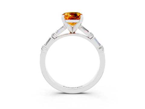 White gold Cushion Cut Citrine Solitaire with Side Baguettes and Channel Set Band_3