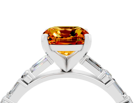 White gold Cushion Cut Citrine Solitaire with Side Baguettes and Channel Set Band_4