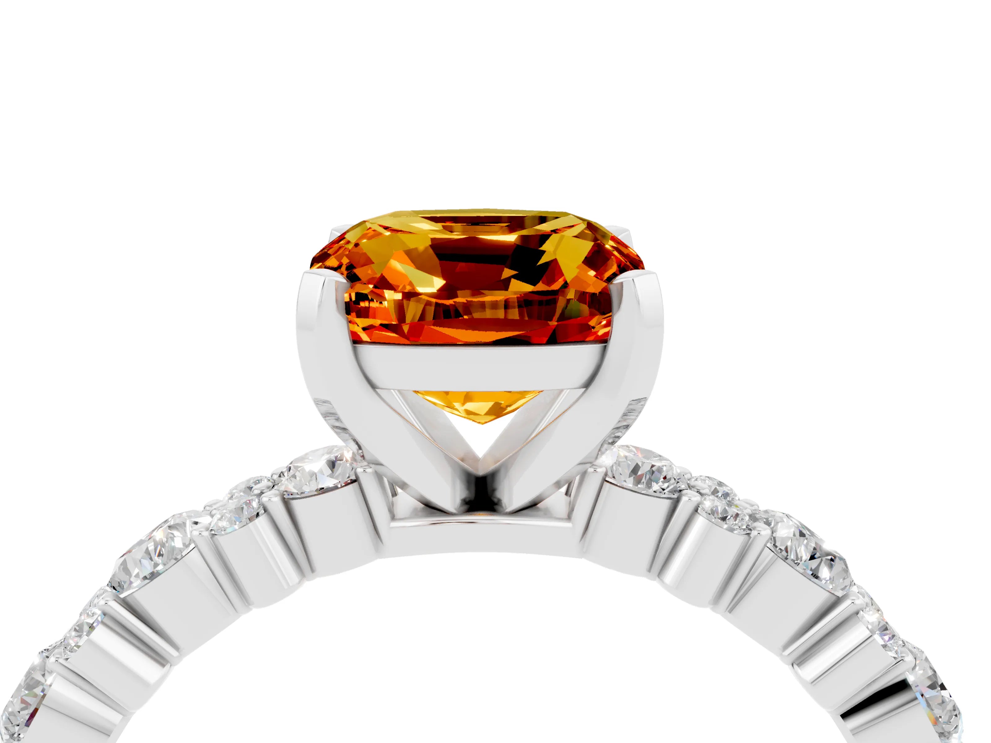 White gold Cushion Cut Citrine Solitaire with Side Stones, Pave Band, Four-Prong Setting_40