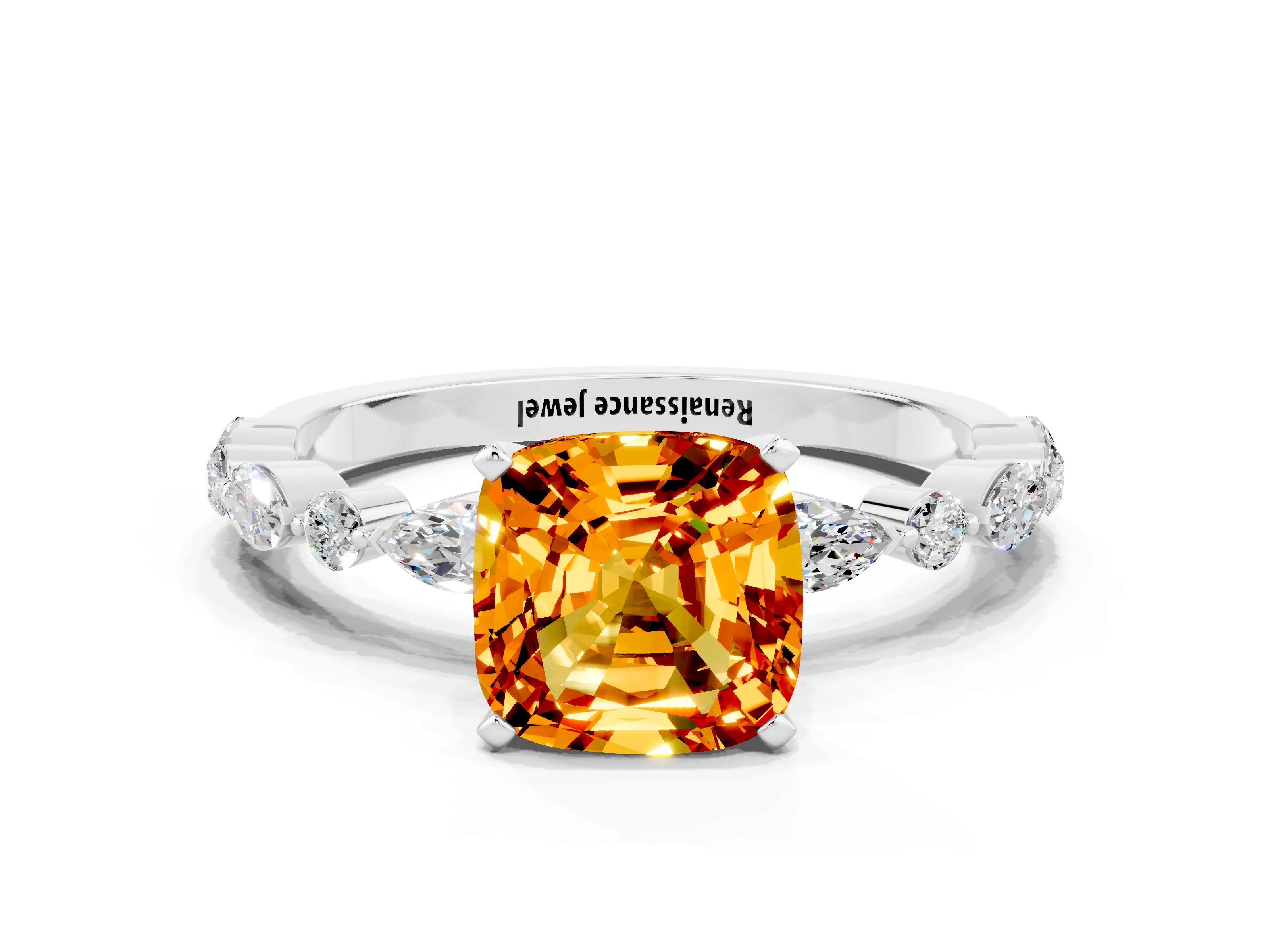 White gold Cushion Cut Citrine Solitaire with Side Stones on a Pavé Band and Four-Prong Setting