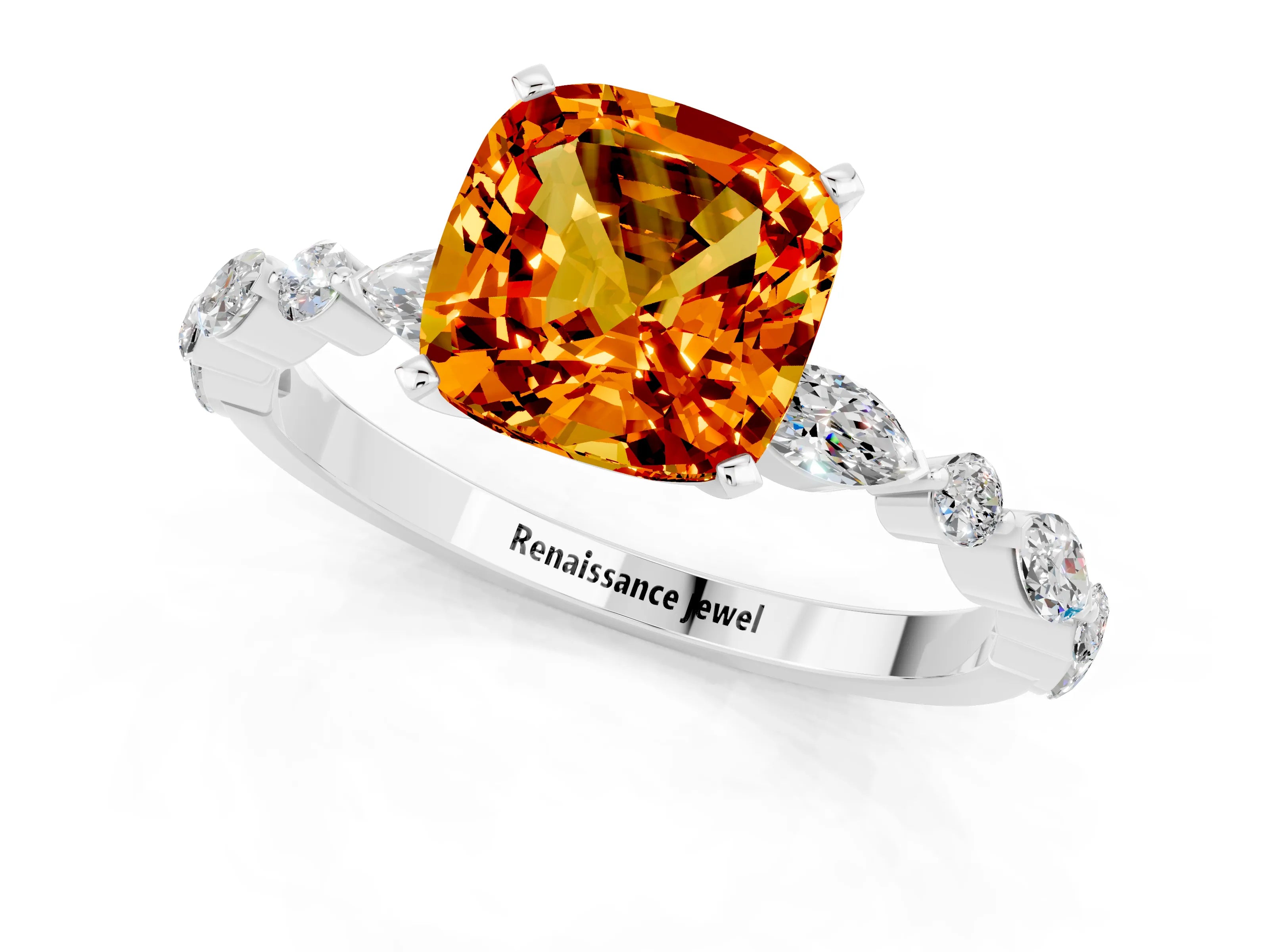White gold Cushion Cut Citrine Solitaire with Side Stones on a Pavé Band and Four-Prong Setting_1
