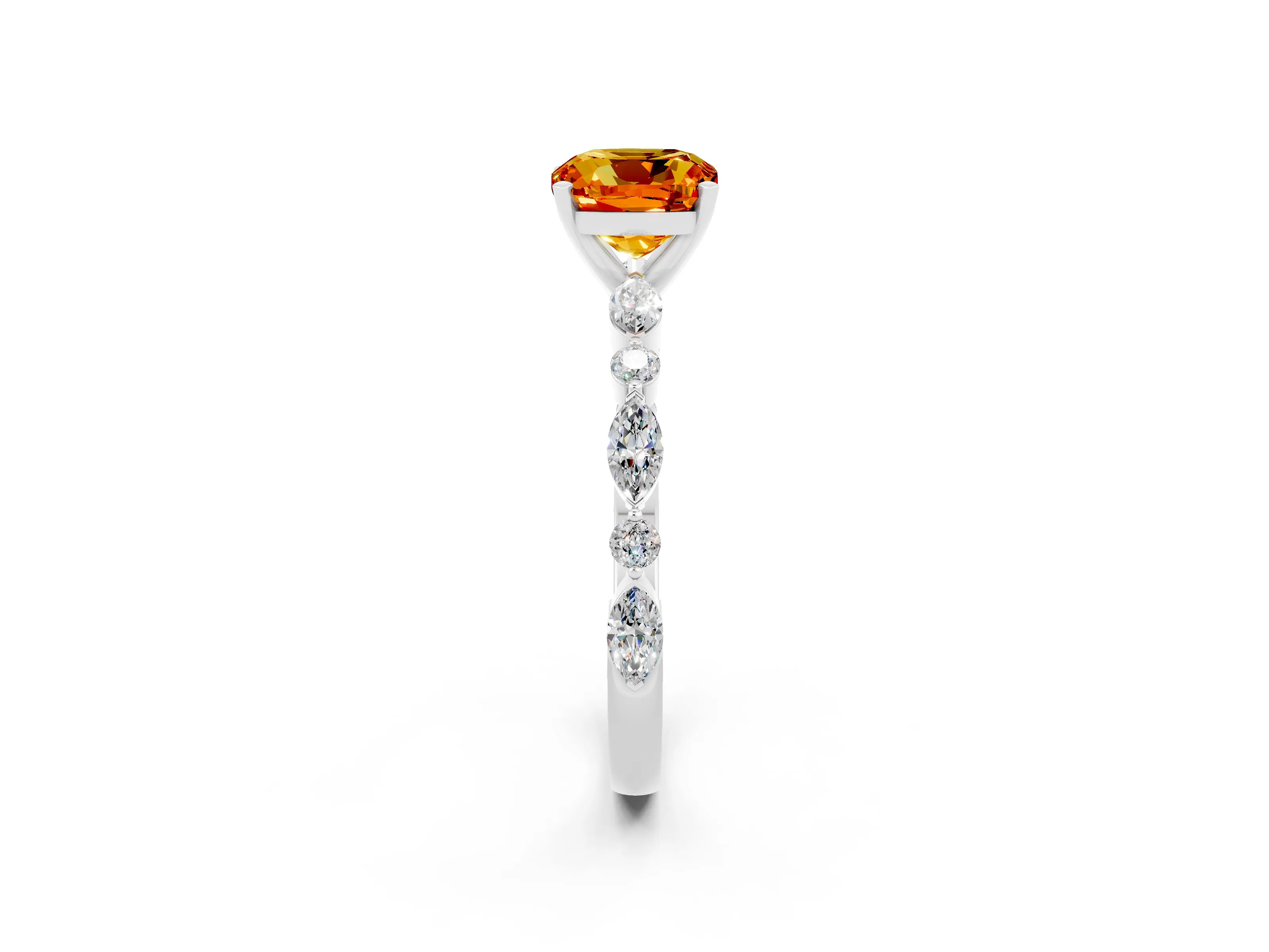 White gold Cushion Cut Citrine Solitaire with Side Stones on a Pavé Band and Four-Prong Setting_2