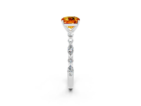 White gold Cushion Cut Citrine Solitaire with Side Stones on a Pavé Band and Four-Prong Setting_2
