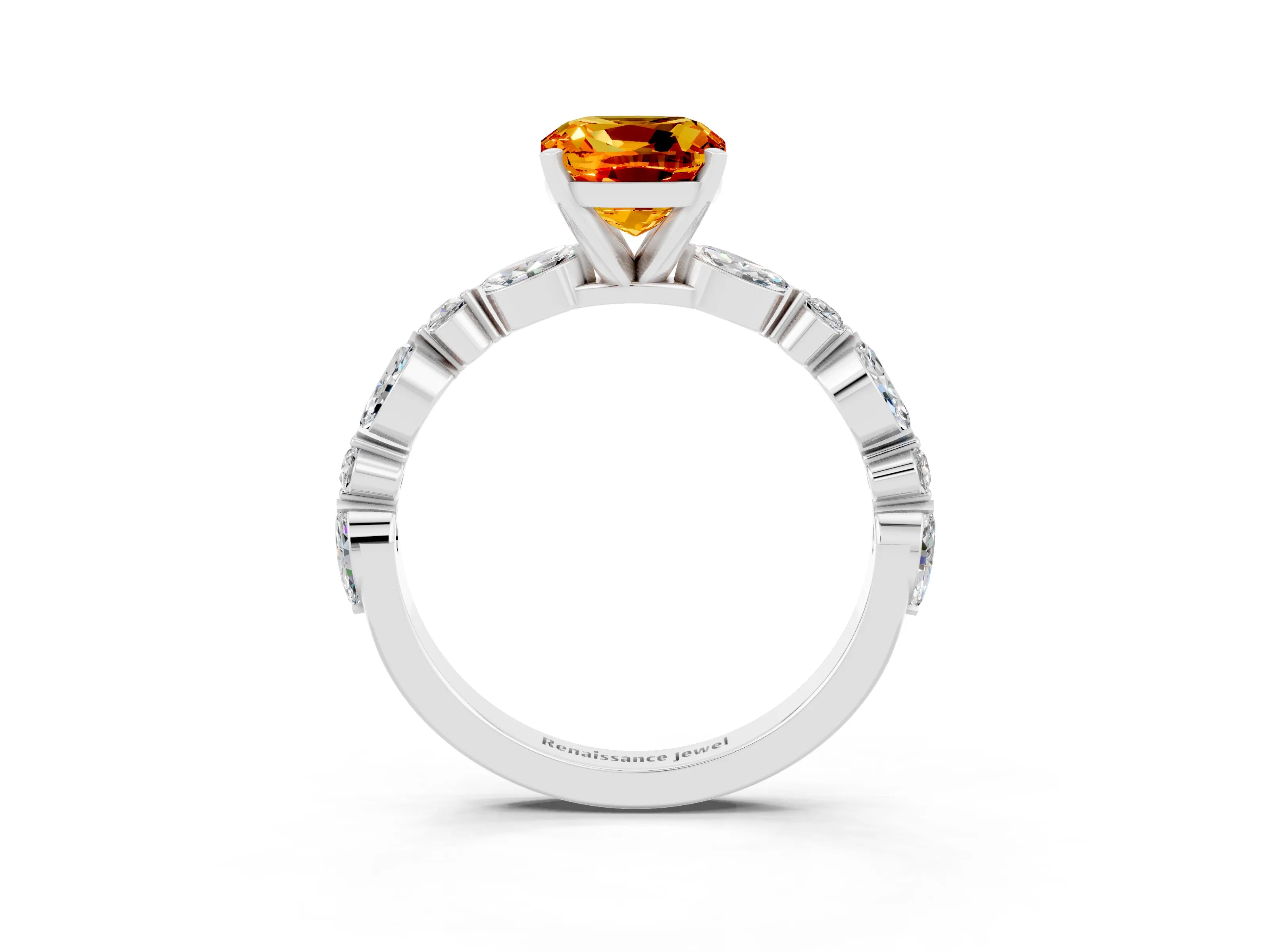 White gold Cushion Cut Citrine Solitaire with Side Stones on a Pavé Band and Four-Prong Setting_3