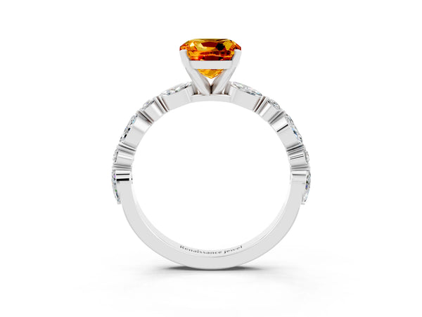 Silver Cushion Cut Citrine Ring with Marquise and Round  Side Stones and Four-Prong Setting