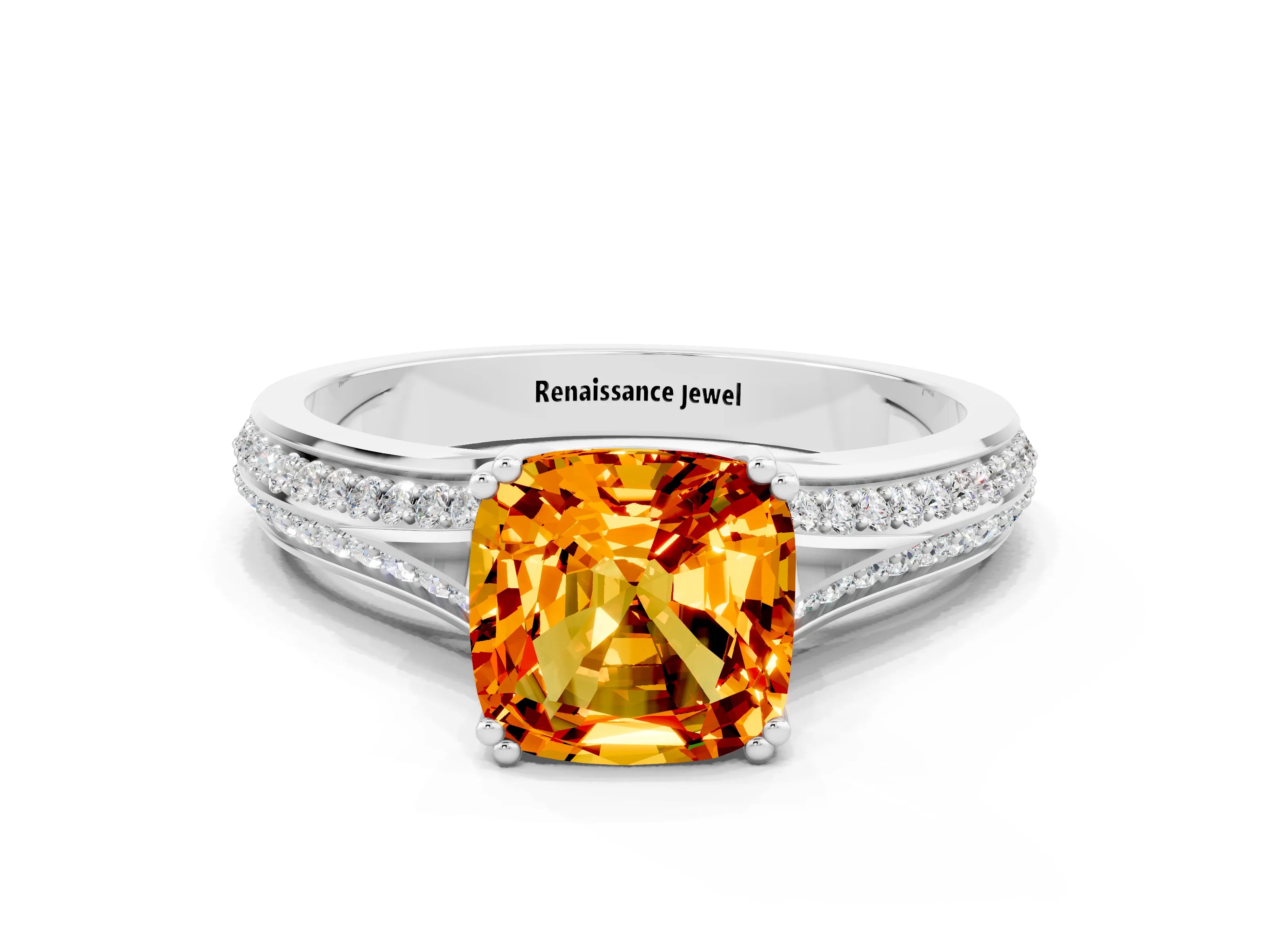 White gold Cushion Cut Citrine Split Shank Engagement Ring with Pavé Band