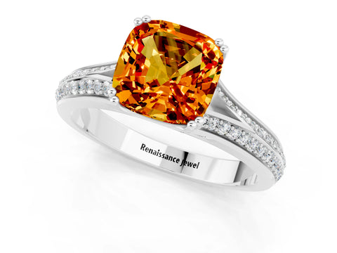 White gold Cushion Cut Citrine Split Shank Engagement Ring with Pavé Band_1