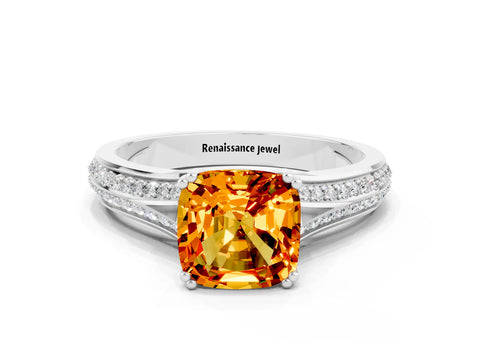 White gold Cushion Cut Citrine Split Shank Engagement Ring with Pavé Band