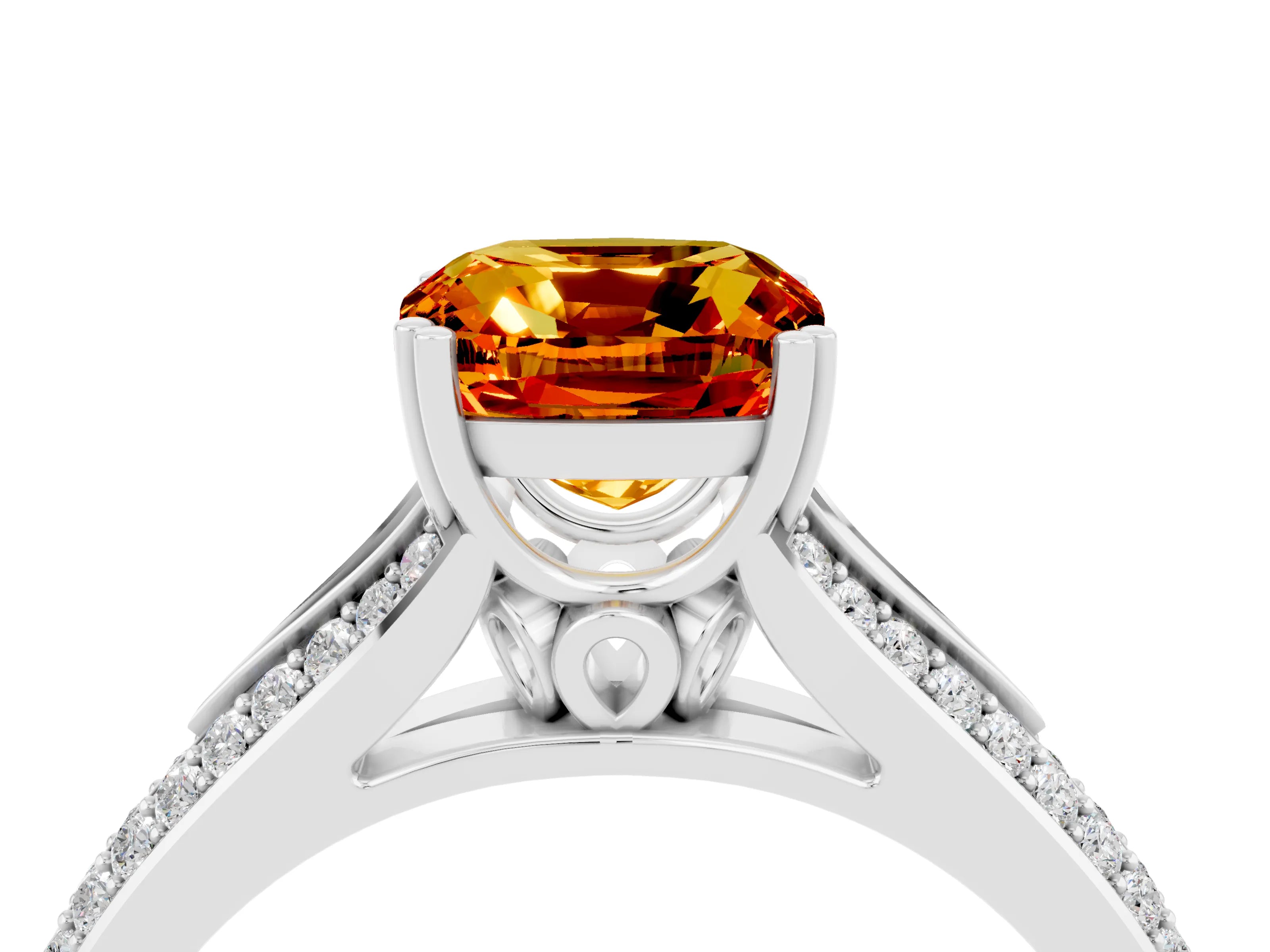 White gold Cushion Cut Citrine Split Shank Engagement Ring with Pavé Band_4